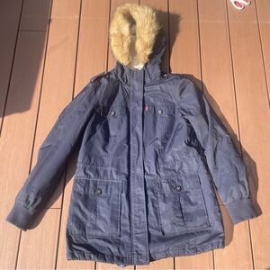 Levi's Navy Hooded Coat/Jacket with Faux Fur Trim Utility Warm Lining Medium